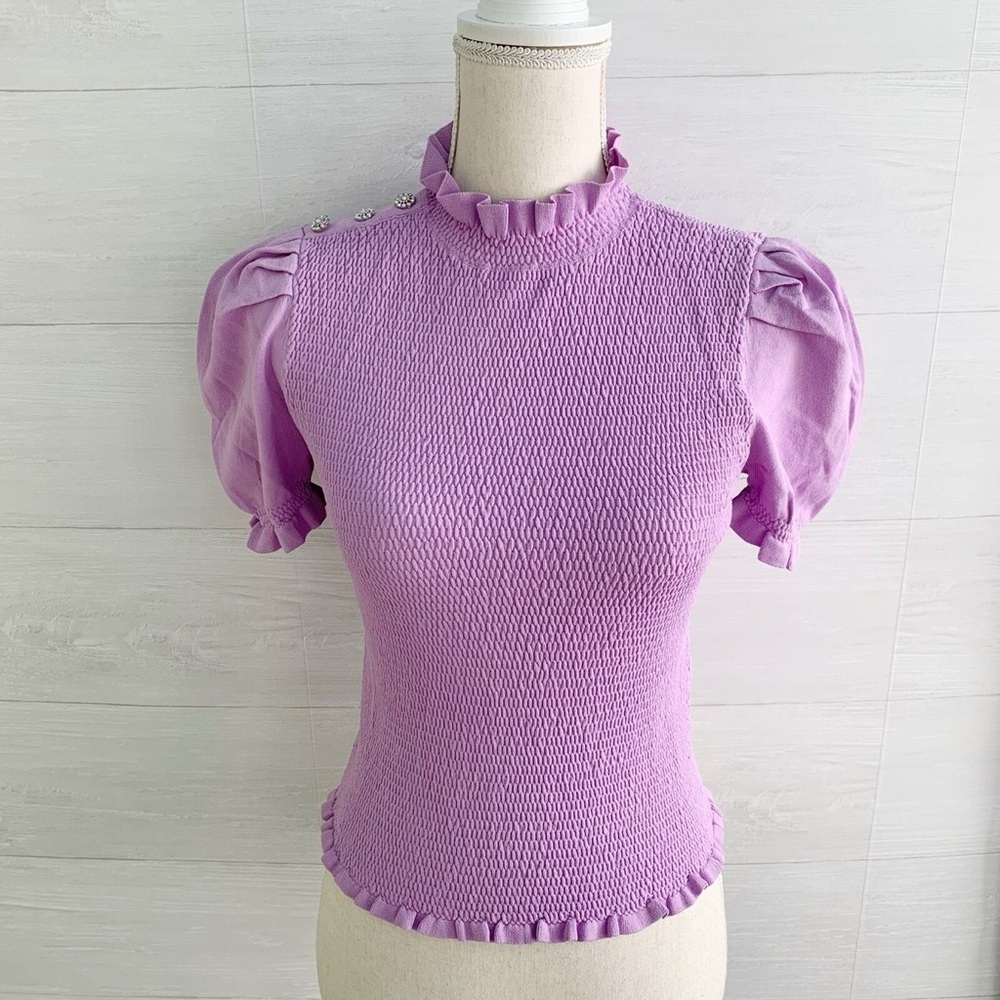 NWT Zara Lilac Smocked Blouse with Ruffle Details A 0221